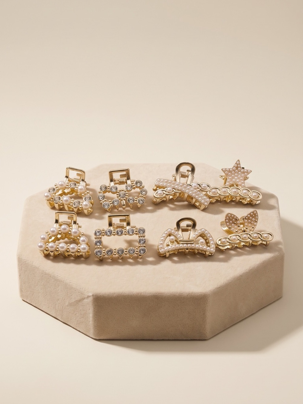 Set of 8 Gold Faux Pearl and Rhinestone Mini Hair Claw Clips NEW!